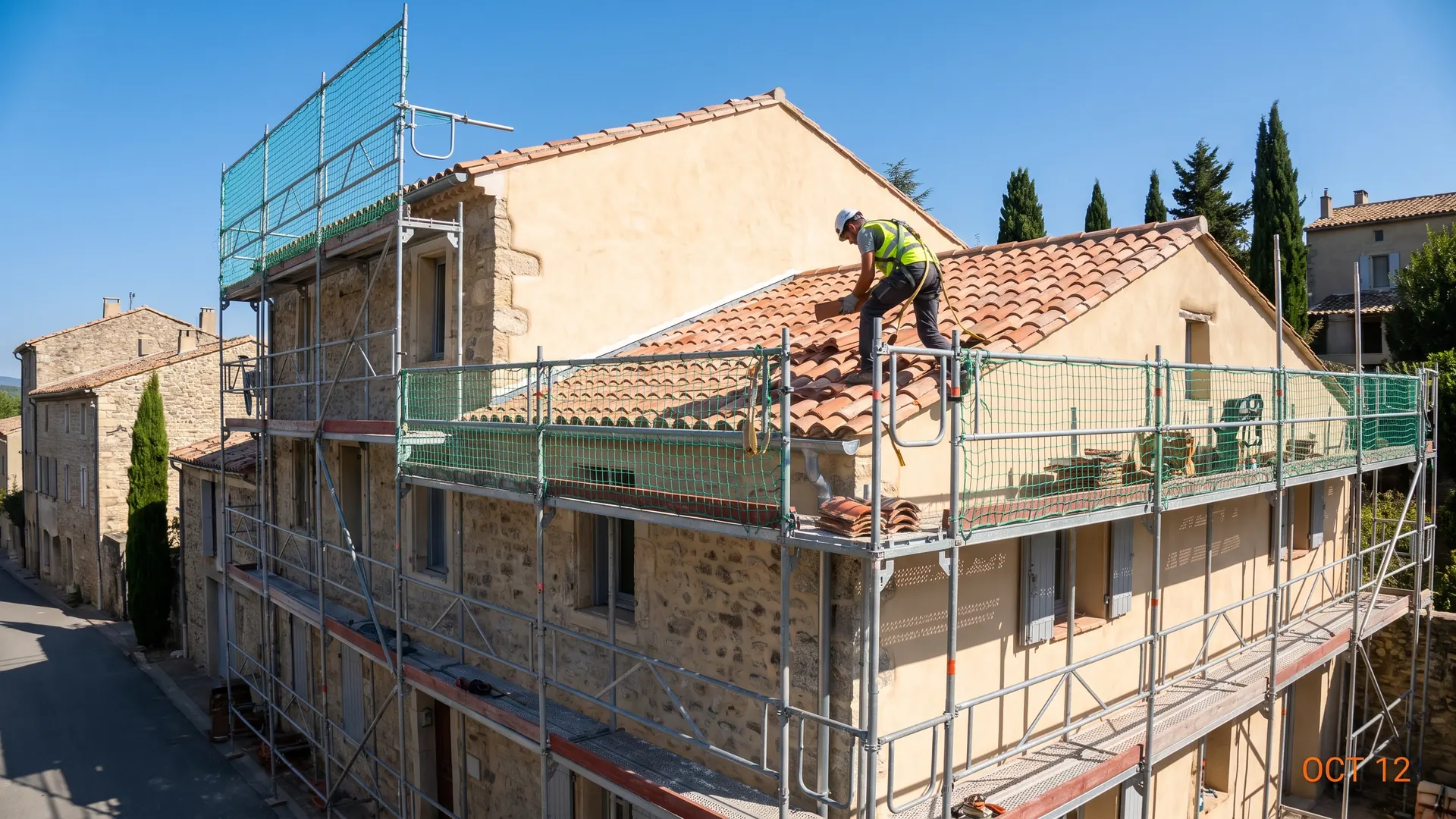 Chantier de rénovation de toiture en tuile canal dans un village de l'Aude